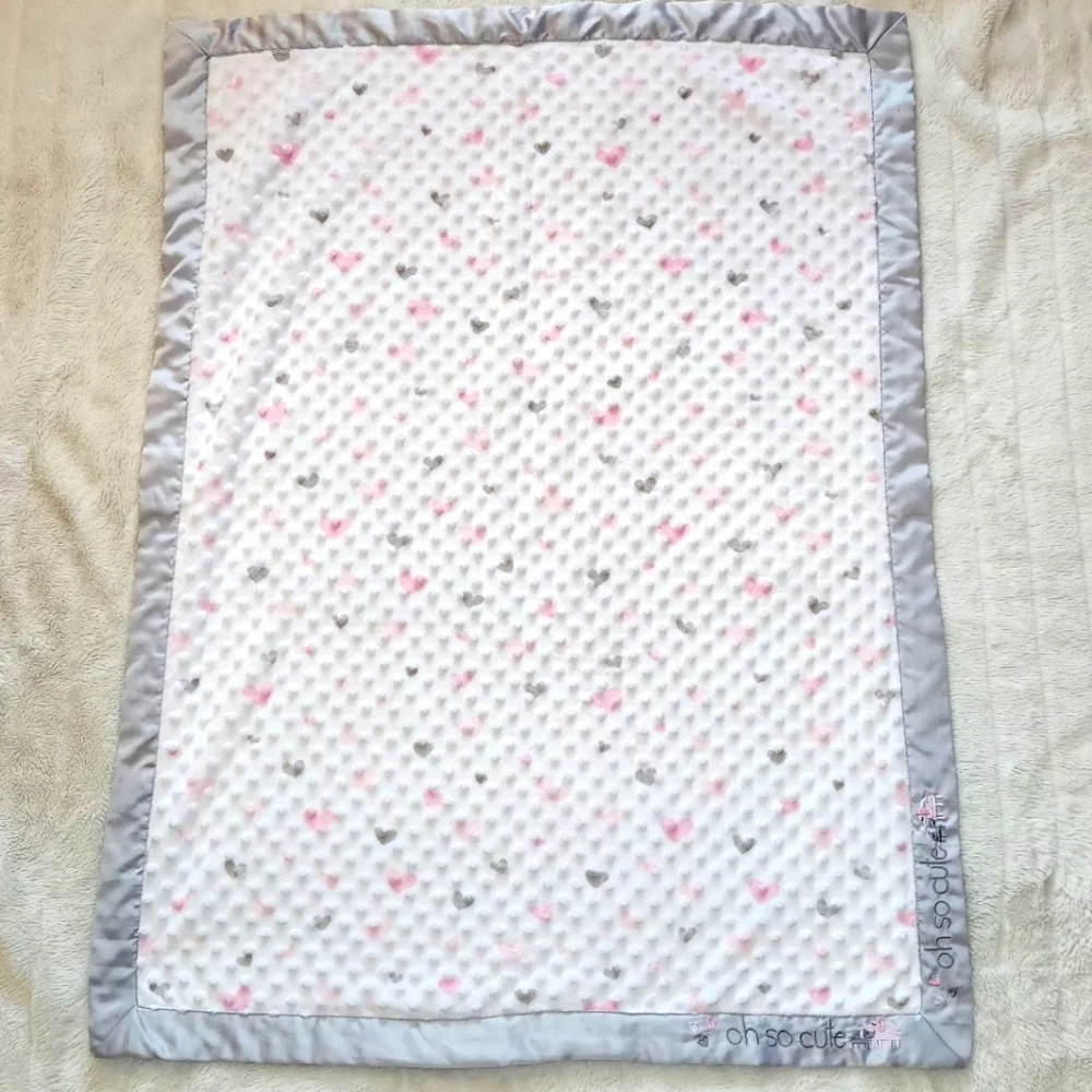 Just Born Oh So Cute Minky White Pink Hearts. Grey Satin Trim Baby Blanket 30x30